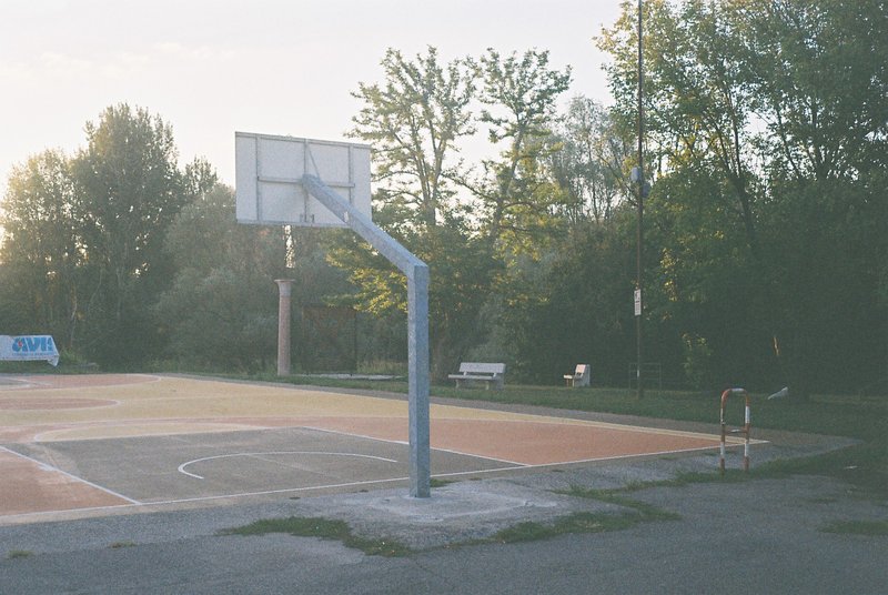 Campo da basket all'aperto avvolto dalla foschia del primo mattino, luce estiva morbida tra gli alberi. Fotografia analogica su pellicola Kodak Gold 200, scattata con Olympus Trip 35.